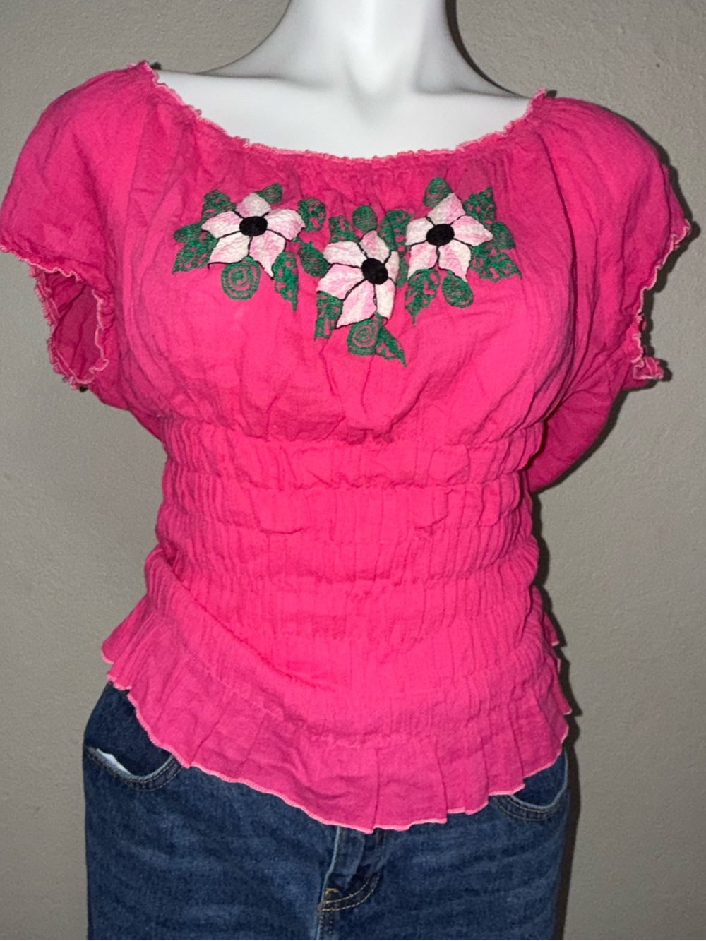 Embroidered Pink Peasant Top
